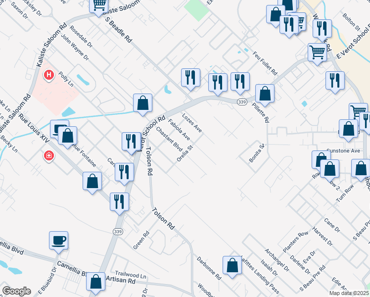 map of restaurants, bars, coffee shops, grocery stores, and more near 211 Chastant Boulevard in Lafayette