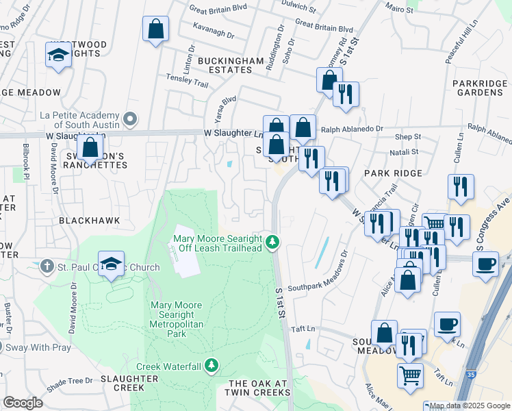 map of restaurants, bars, coffee shops, grocery stores, and more near 9308 South 1st Street in Austin