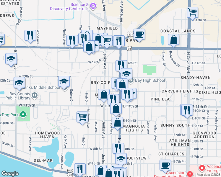 map of restaurants, bars, coffee shops, grocery stores, and more near 1201 Grace Avenue in Panama City