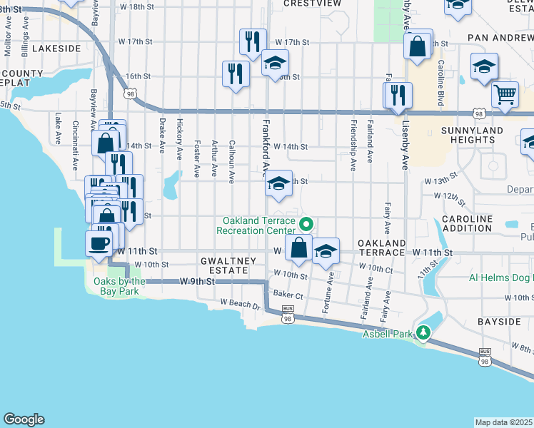 map of restaurants, bars, coffee shops, grocery stores, and more near 1200 Frankford Avenue in Panama City