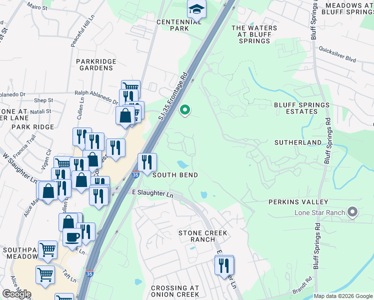 map of restaurants, bars, coffee shops, grocery stores, and more near 8515 South Interstate 35 Frontage Road in Austin