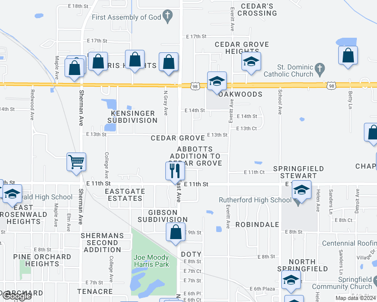 map of restaurants, bars, coffee shops, grocery stores, and more near 2717 East 12th Street in Panama City