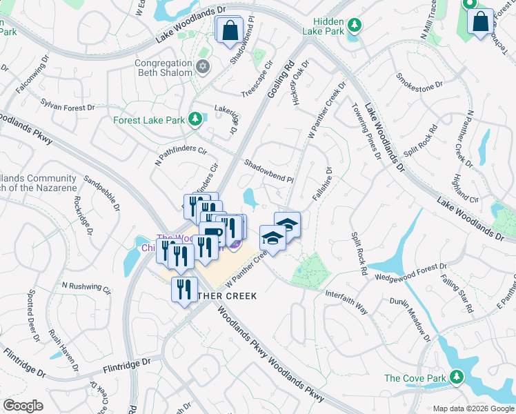 map of restaurants, bars, coffee shops, grocery stores, and more near 5055 West Panther Creek Drive in The Woodlands