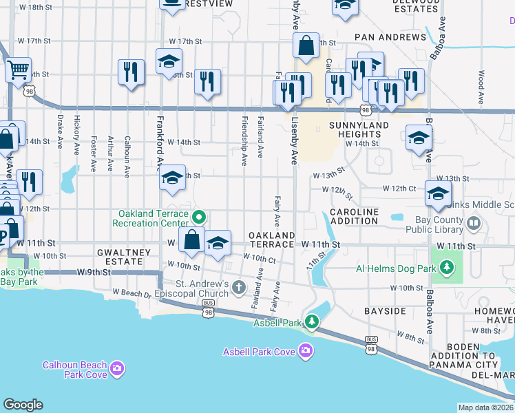 map of restaurants, bars, coffee shops, grocery stores, and more near 1117 Fairland Avenue in Panama City