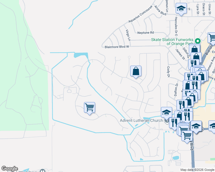 map of restaurants, bars, coffee shops, grocery stores, and more near 637 Thornwood Lane in Orange Park