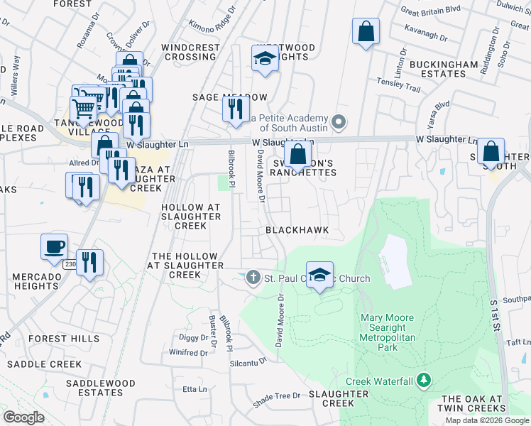 map of restaurants, bars, coffee shops, grocery stores, and more near 9642 David Moore Drive in Austin