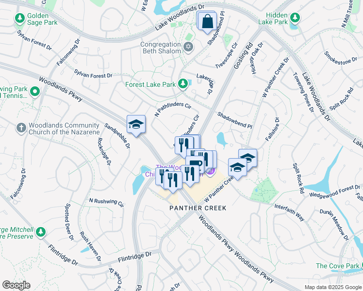 map of restaurants, bars, coffee shops, grocery stores, and more near 10556 Gosling Road in The Woodlands