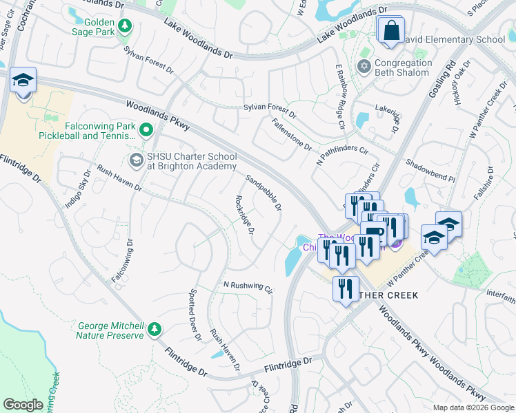 map of restaurants, bars, coffee shops, grocery stores, and more near 46 Still Corner Place in Spring