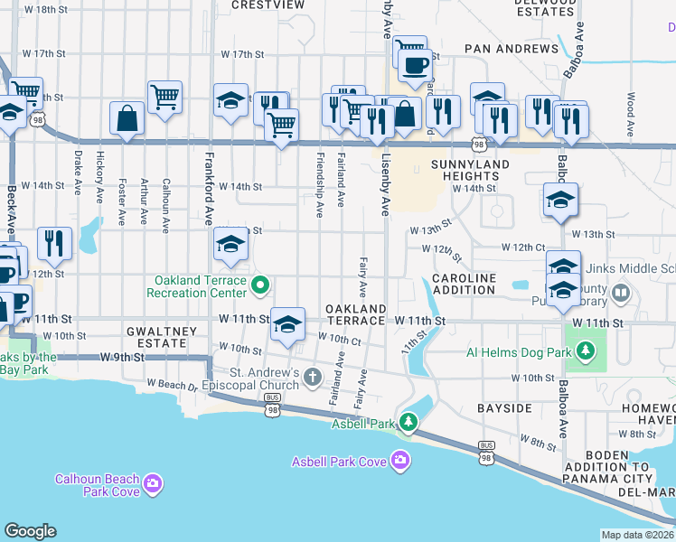 map of restaurants, bars, coffee shops, grocery stores, and more near 1117 Fairland Avenue in Panama City