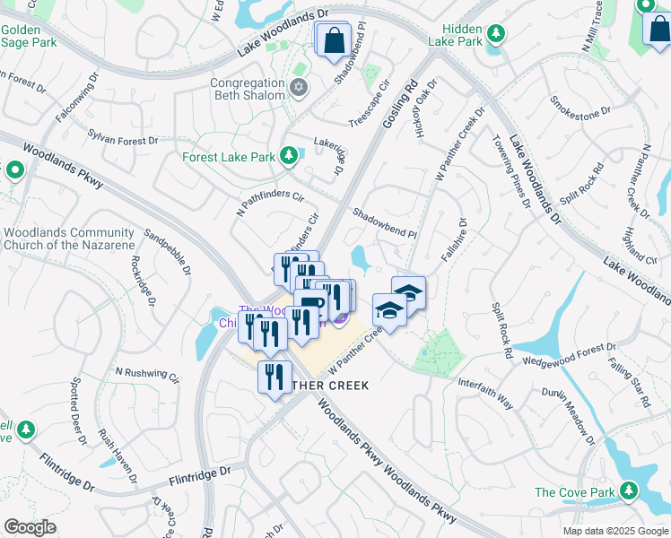 map of restaurants, bars, coffee shops, grocery stores, and more near 10450 Gosling Road in The Woodlands