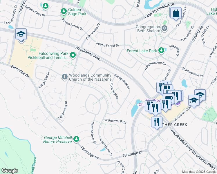 map of restaurants, bars, coffee shops, grocery stores, and more near 7 Rockridge Court in Spring