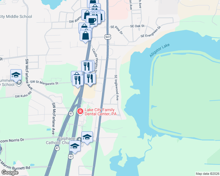 map of restaurants, bars, coffee shops, grocery stores, and more near 1509 Southeast Valencia Drive in Lake City