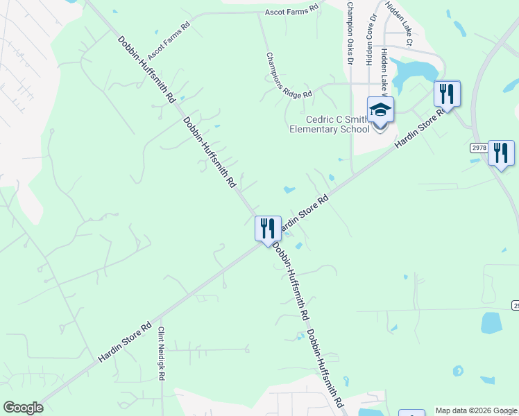 map of restaurants, bars, coffee shops, grocery stores, and more near 28411 Dobbin Hufsmith Road in Magnolia