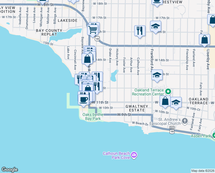 map of restaurants, bars, coffee shops, grocery stores, and more near 2706 West 12th Street in Panama City