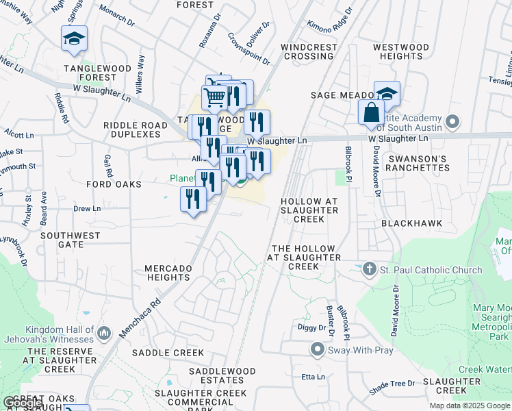 map of restaurants, bars, coffee shops, grocery stores, and more near 10025 Manchaca Road in Austin