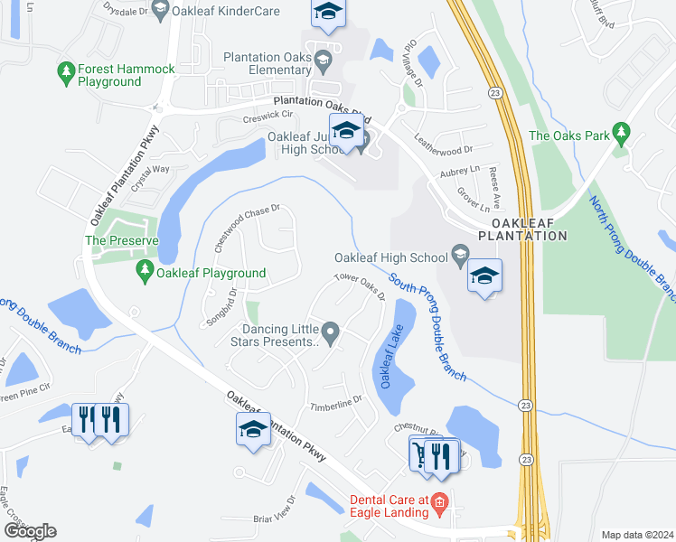 map of restaurants, bars, coffee shops, grocery stores, and more near 3128 Tower Oaks Drive in Orange Park