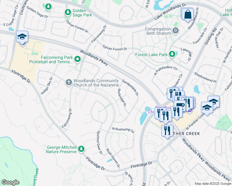 map of restaurants, bars, coffee shops, grocery stores, and more near 7 Rockridge Court in Spring
