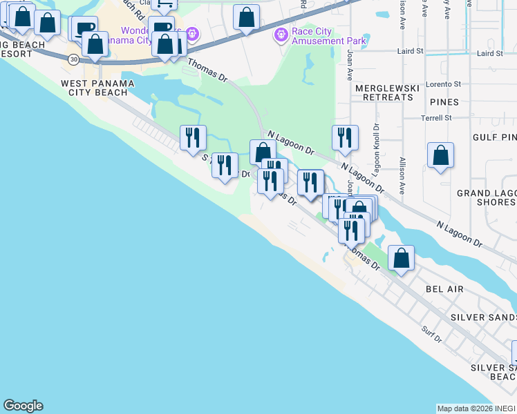 map of restaurants, bars, coffee shops, grocery stores, and more near 8815 Thomas Drive in Panama City Beach