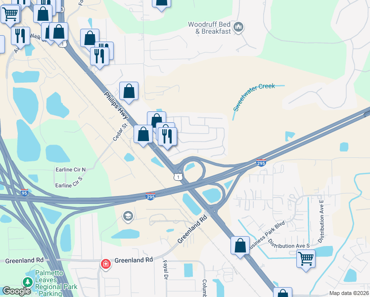 map of restaurants, bars, coffee shops, grocery stores, and more near 11081 Philips Highway in Jacksonville