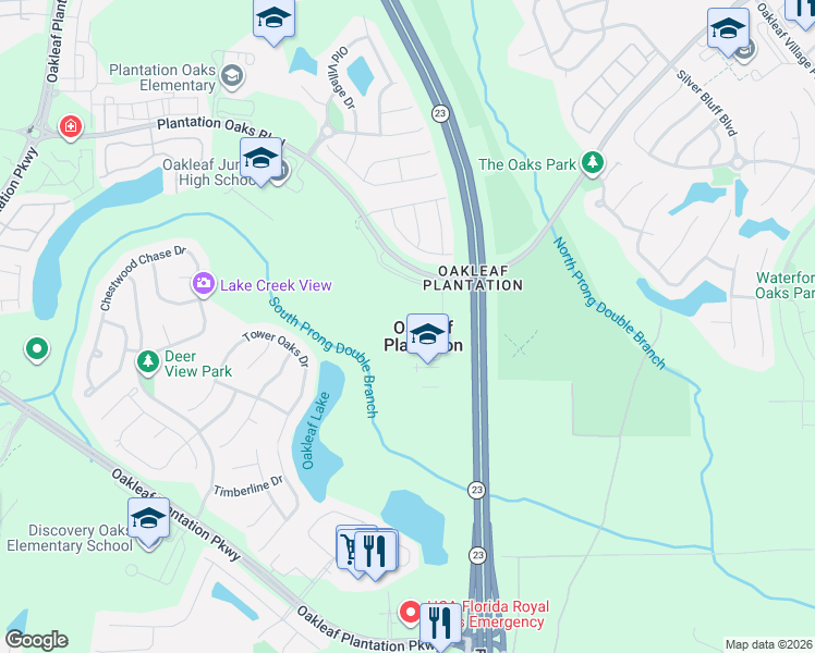 map of restaurants, bars, coffee shops, grocery stores, and more near in Oakleaf Plantation