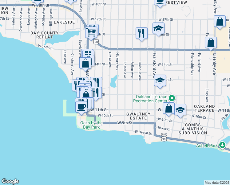 map of restaurants, bars, coffee shops, grocery stores, and more near 1112 Drake Avenue in Panama City