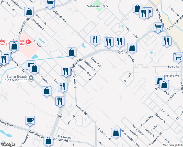 map of restaurants, bars, coffee shops, grocery stores, and more near 208 Chastant Boulevard in Lafayette