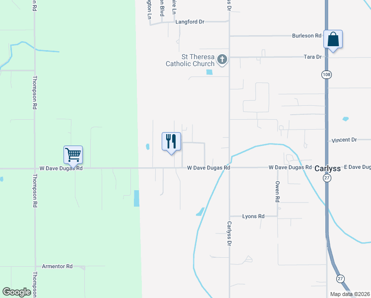 map of restaurants, bars, coffee shops, grocery stores, and more near Volunteer Rd in Sulphur