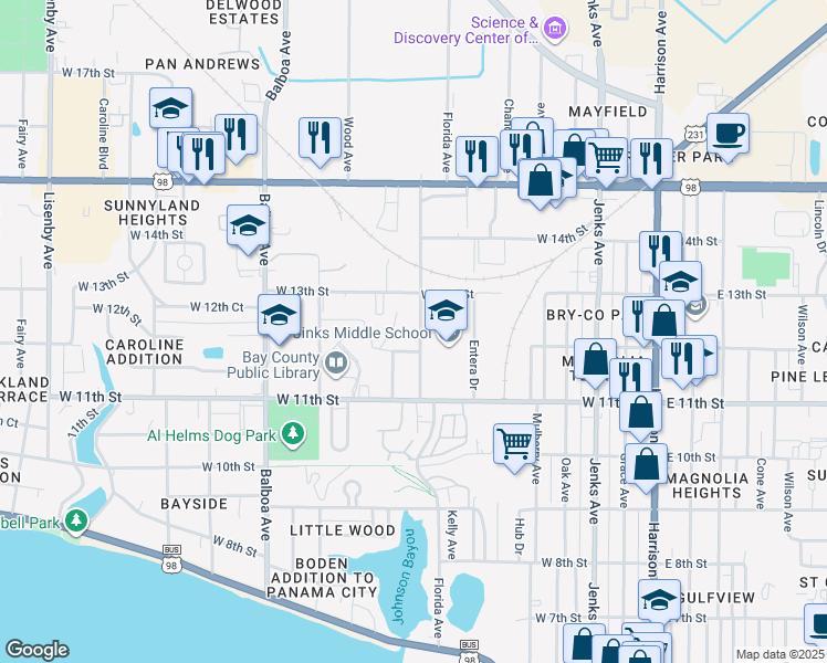 map of restaurants, bars, coffee shops, grocery stores, and more near 1205 Florida Avenue in Panama City