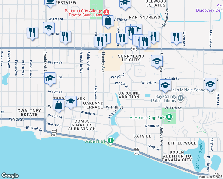 map of restaurants, bars, coffee shops, grocery stores, and more near 1202 Christel Avenue in Panama City