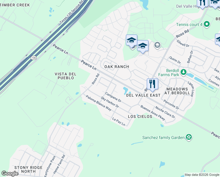 map of restaurants, bars, coffee shops, grocery stores, and more near 5721 Las Alas Trail in Del Valle