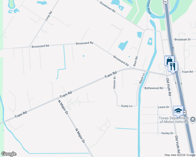 map of restaurants, bars, coffee shops, grocery stores, and more near 7710 Tram Road in Beaumont