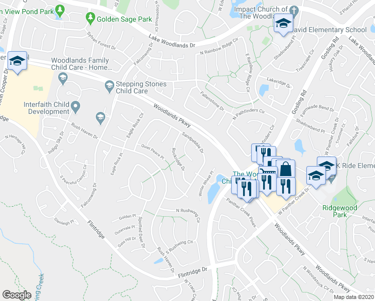 map of restaurants, bars, coffee shops, grocery stores, and more near 27 Still Corner Place in Spring