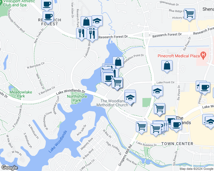 map of restaurants, bars, coffee shops, grocery stores, and more near 2134 Hughes Landing Boulevard in The Woodlands