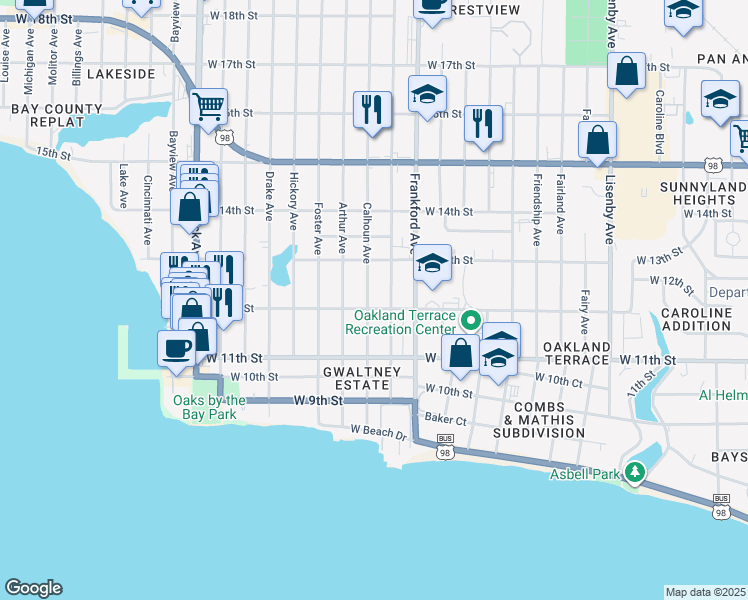 map of restaurants, bars, coffee shops, grocery stores, and more near 1209 Clay Avenue in Panama City
