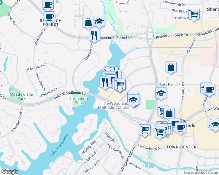 map of restaurants, bars, coffee shops, grocery stores, and more near 1500 Hughes Landing Boulevard in The Woodlands