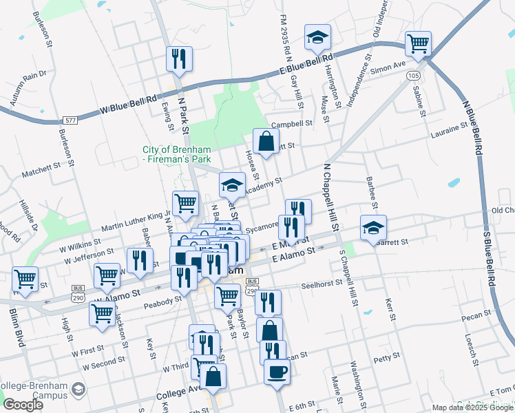 map of restaurants, bars, coffee shops, grocery stores, and more near 406 Cottonwood Street in Brenham