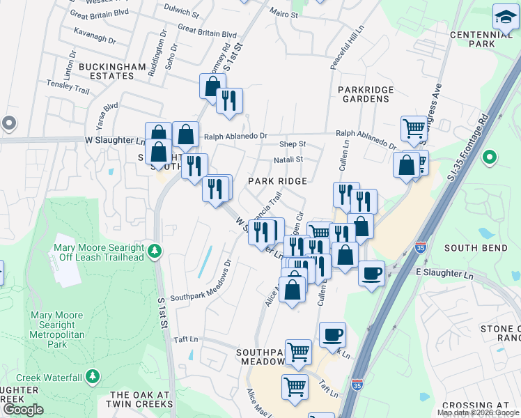 map of restaurants, bars, coffee shops, grocery stores, and more near 525 Shant Street in Austin