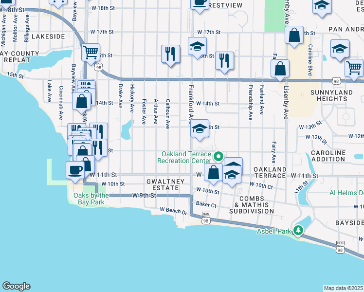 map of restaurants, bars, coffee shops, grocery stores, and more near 1209 Clay Avenue in Panama City