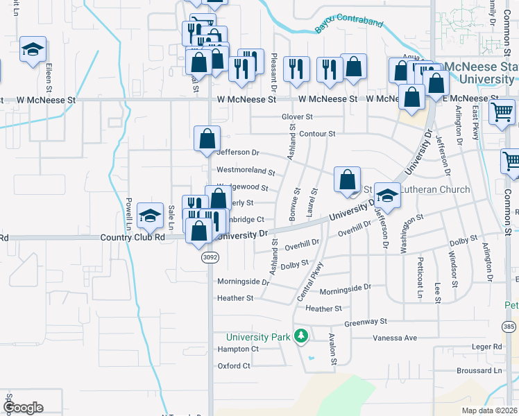 map of restaurants, bars, coffee shops, grocery stores, and more near 1324 Waverly Street in Lake Charles
