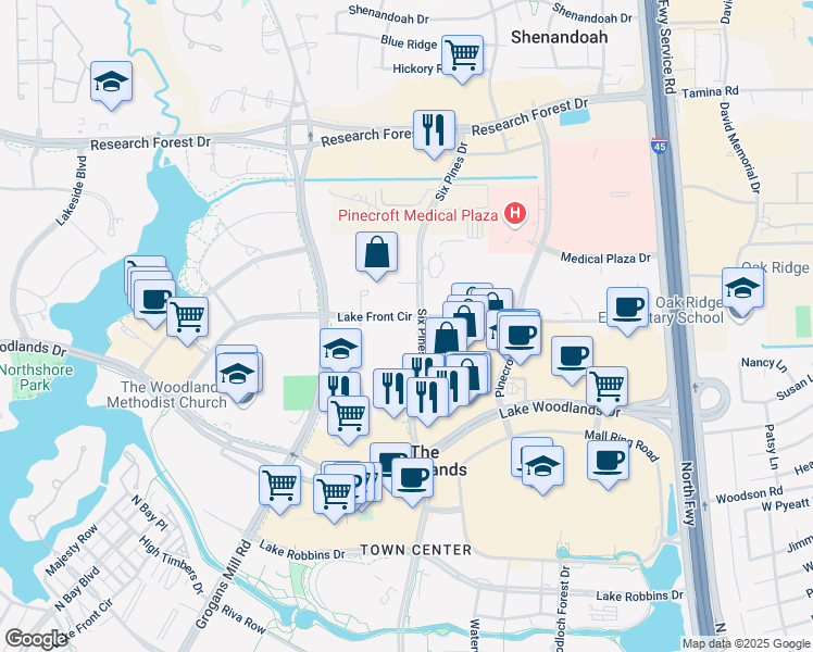 map of restaurants, bars, coffee shops, grocery stores, and more near 9301 Six Pines Drive in Spring