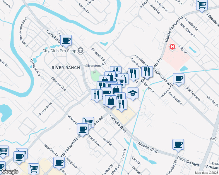 map of restaurants, bars, coffee shops, grocery stores, and more near 129 River Ranch Boulevard in Lafayette