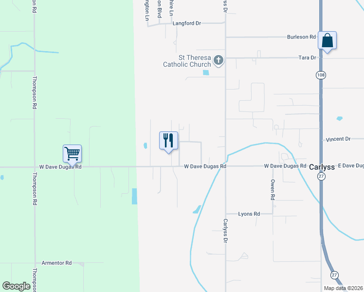 map of restaurants, bars, coffee shops, grocery stores, and more near 5205 Volunteer Road in Sulphur