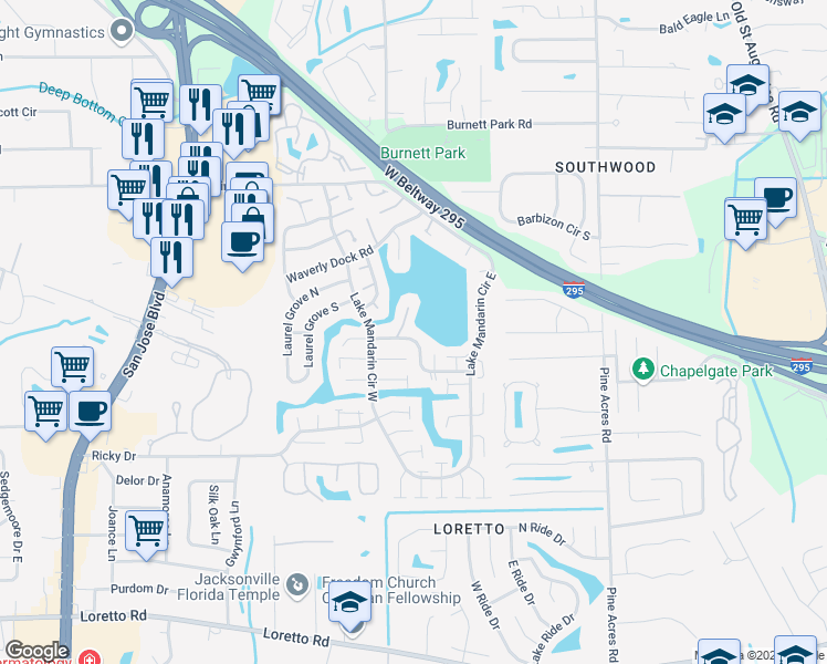 map of restaurants, bars, coffee shops, grocery stores, and more near 3443 Catamaran Way in Jacksonville