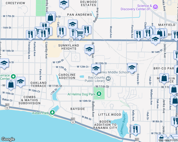 map of restaurants, bars, coffee shops, grocery stores, and more near 1001 West 12th Court in Panama City