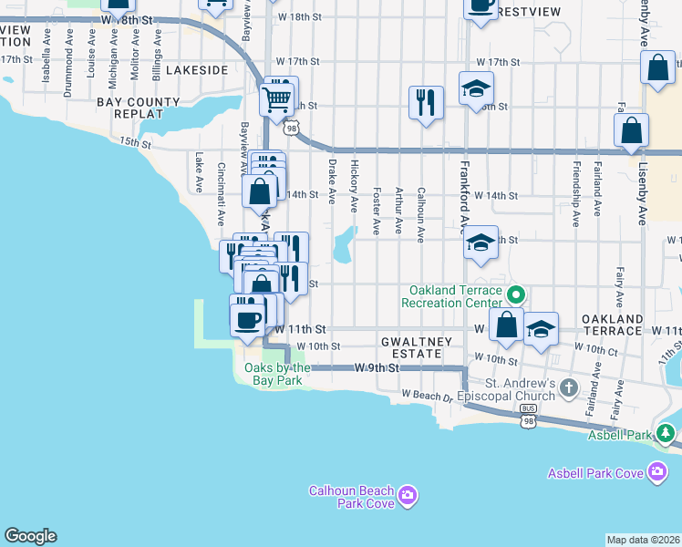 map of restaurants, bars, coffee shops, grocery stores, and more near 1208 Drake Avenue in Panama City