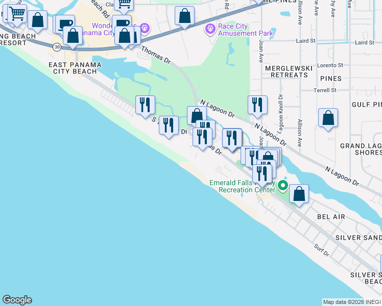 map of restaurants, bars, coffee shops, grocery stores, and more near 9400 South Thomas Drive in Panama City Beach