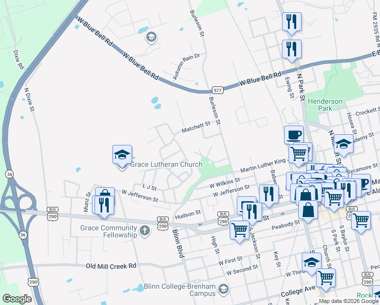 map of restaurants, bars, coffee shops, grocery stores, and more near 809 Pleasant View Avenue in Brenham