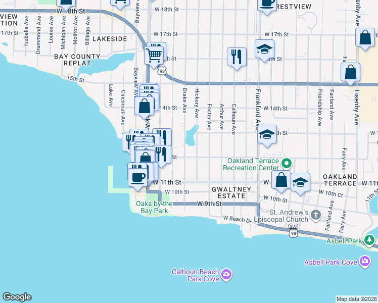map of restaurants, bars, coffee shops, grocery stores, and more near 1208 Drake Avenue in Panama City