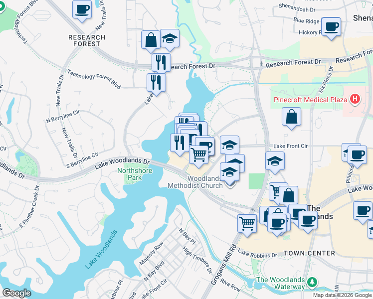 map of restaurants, bars, coffee shops, grocery stores, and more near 1950 Hughes Landing Boulevard in The Woodlands