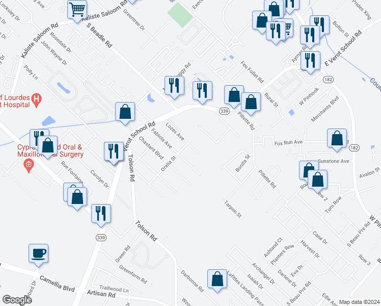 map of restaurants, bars, coffee shops, grocery stores, and more near 300 Lozes Avenue in Lafayette